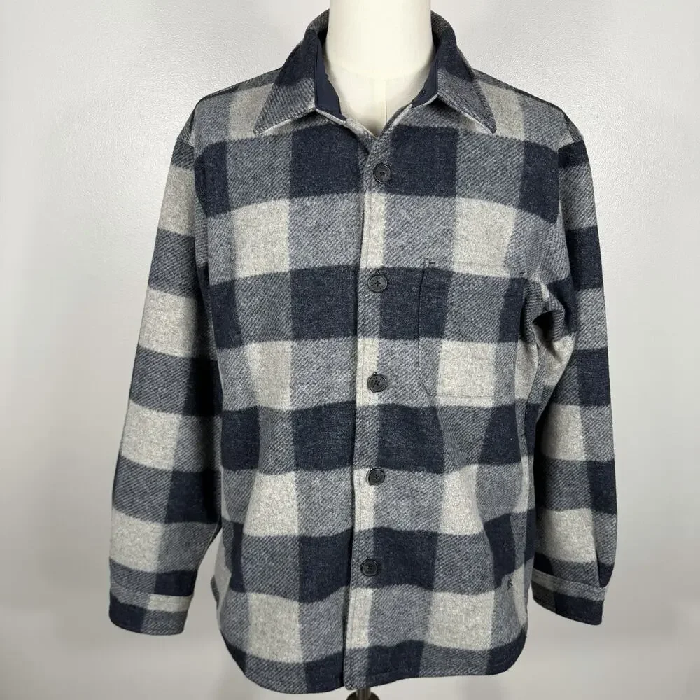 Banana Republic Jacket Mens L Gray Blue Buffalo Plaid Lined Shirt Jacket
